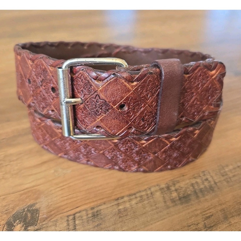 Amanda Smith Genuine Leather Embossed Whipstitched Belt 1.75"W Brown XL (34-38)